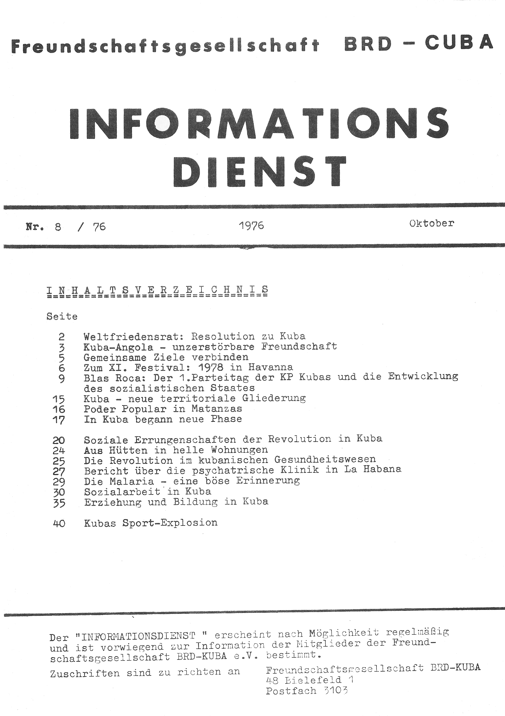 Freundschaftsgesellschaft BRD-Cuba - Informationsdienst Nr. 8 / 1976
